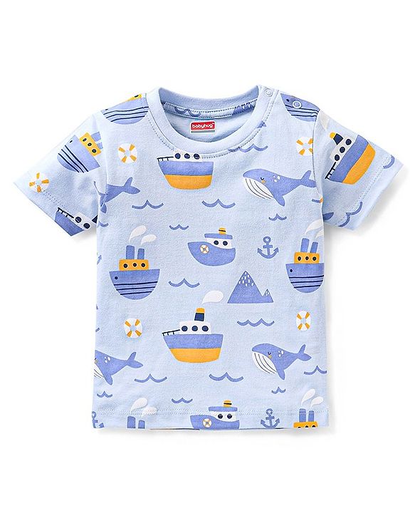Babyhug Cotton Knit Half Sleeves Ship & Whale Print Night Suit - Blue