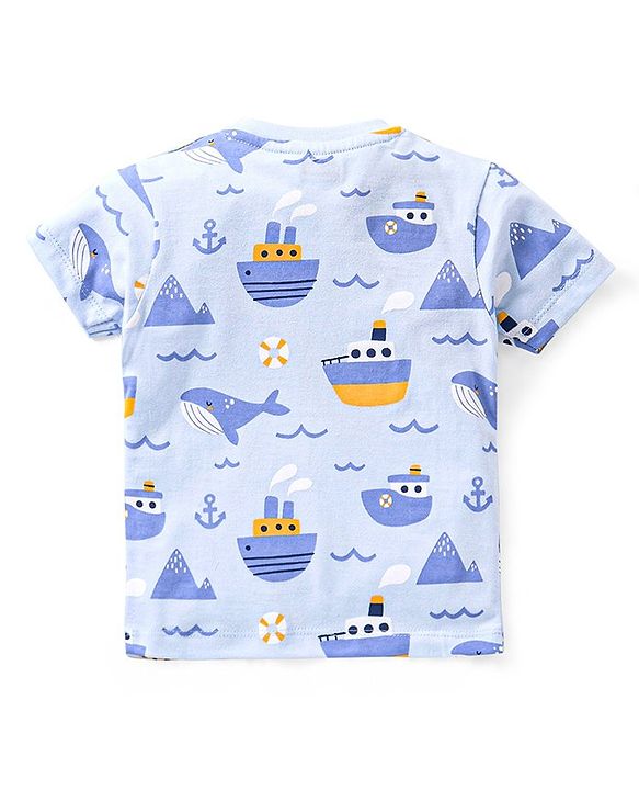 Babyhug Cotton Knit Half Sleeves Ship & Whale Print Night Suit - Blue