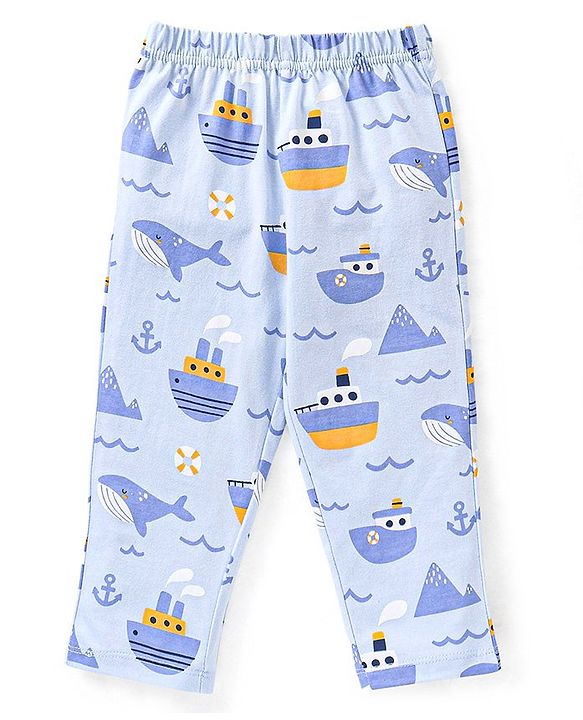 Babyhug Cotton Knit Half Sleeves Ship & Whale Print Night Suit - Blue