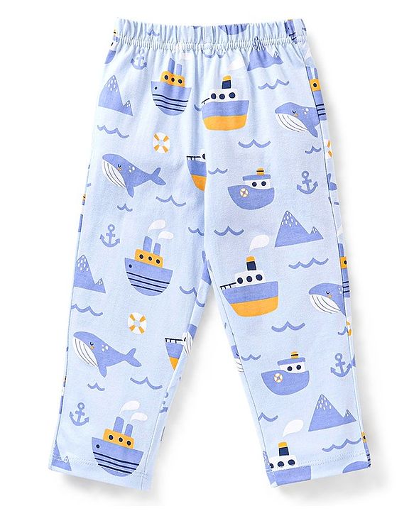 Babyhug Cotton Knit Half Sleeves Ship & Whale Print Night Suit - Blue