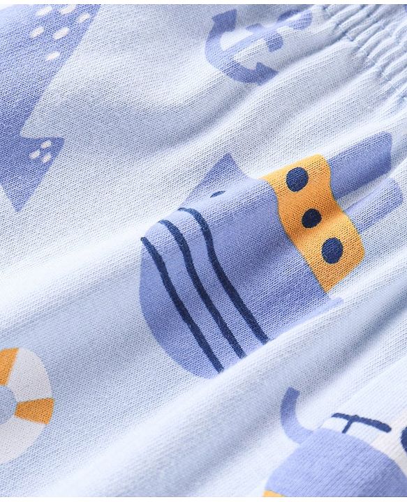 Babyhug Cotton Knit Half Sleeves Ship & Whale Print Night Suit - Blue