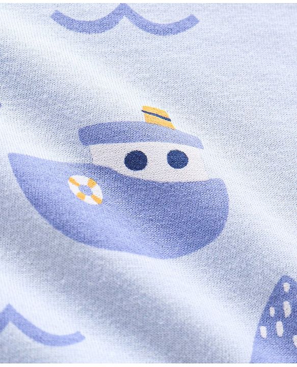 Babyhug Cotton Knit Half Sleeves Ship & Whale Print Night Suit - Blue