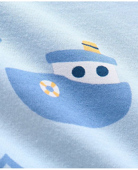 Babyhug Cotton Knit Half Sleeves Ship & Whale Print Night Suit - Blue