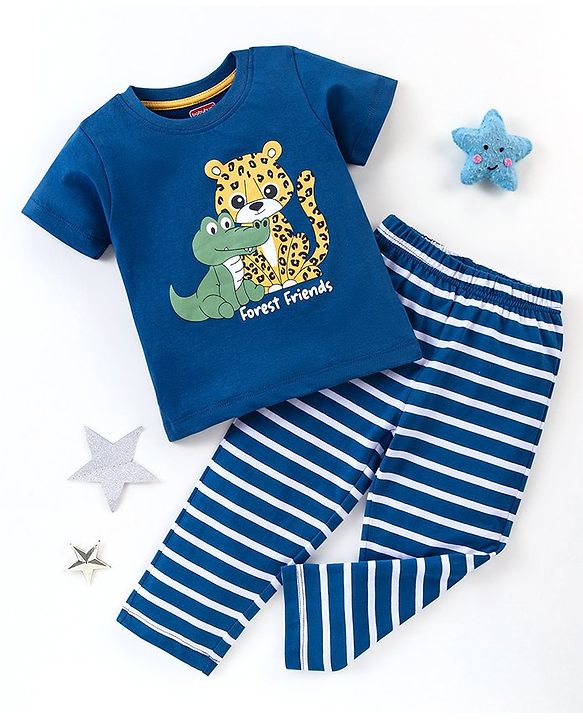 Babyhug Cotton Knit Half Sleeves Night Suit Leopard Print With Stripes - Navy Blue