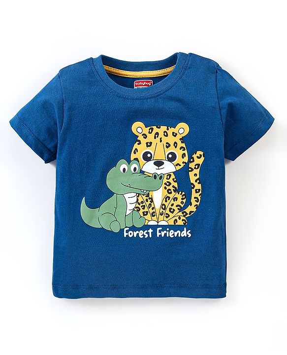 Babyhug Cotton Knit Half Sleeves Night Suit Leopard Print With Stripes - Navy Blue