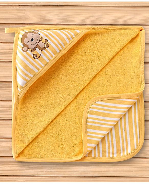 Babyhug Double Layer Terry Monkey Print Hooded Towel L 73 x B 73 cm - Yellow