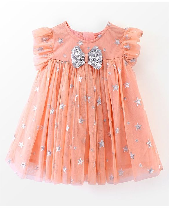 Babyhug Woven Frill Sleeves Party Frock with Sequin & Bow Corsage - Coral