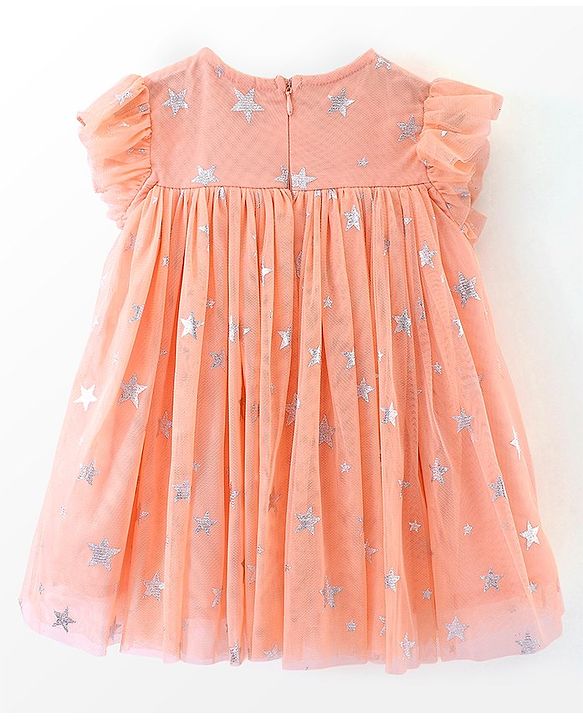 Babyhug Woven Frill Sleeves Party Frock with Sequin & Bow Corsage - Coral
