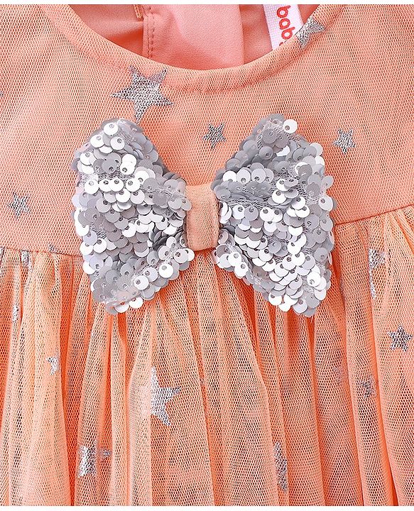 Babyhug Woven Frill Sleeves Party Frock with Sequin & Bow Corsage - Coral