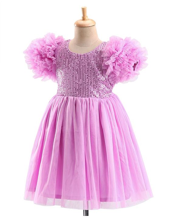 Babyhug Woven Half Sleeves Sequinned Party Frock -Lavender