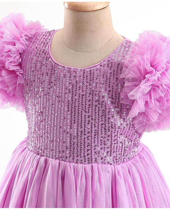 Babyhug Woven Half Sleeves Sequinned Party Frock -Lavender