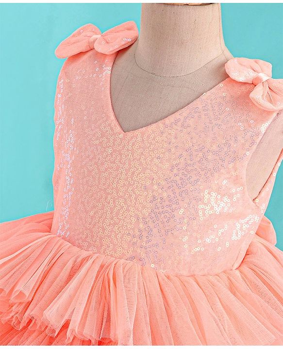 Babyhug Sleeveless Sequinned Tiered Party Frock with Bow Applique - Peach