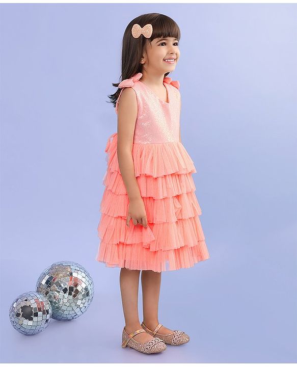 Babyhug Sleeveless Sequinned Tiered Party Frock with Bow Applique - Peach