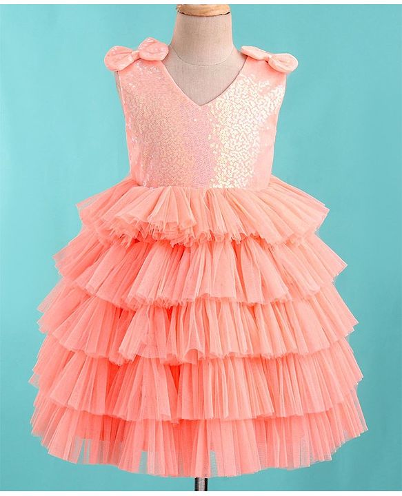 Babyhug Sleeveless Sequinned Tiered Party Frock with Bow Applique - Peach