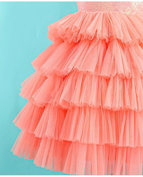 Babyhug Sleeveless Sequinned Tiered Party Frock with Bow Applique - Peach