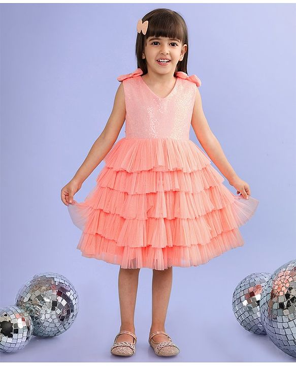 Babyhug Sleeveless Sequinned Tiered Party Frock with Bow Applique - Peach