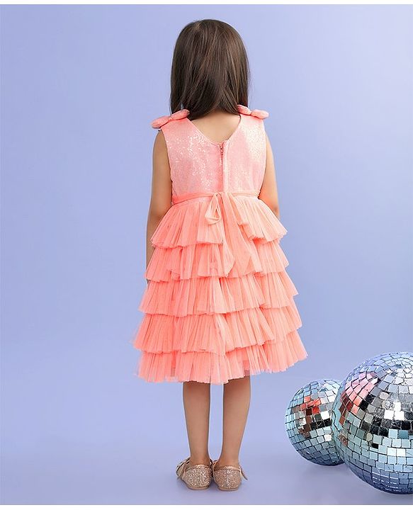 Babyhug Sleeveless Sequinned Tiered Party Frock with Bow Applique - Peach