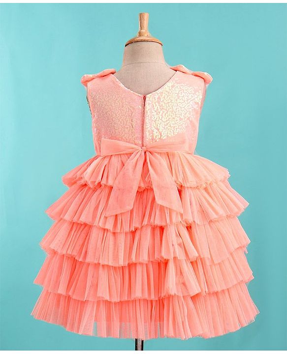 Babyhug Sleeveless Sequinned Tiered Party Frock with Bow Applique - Peach