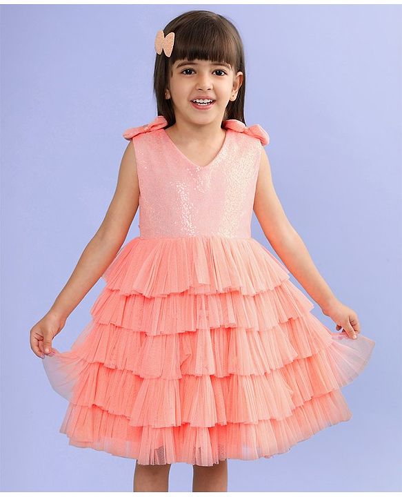 Babyhug Sleeveless Sequinned Tiered Party Frock with Bow Applique - Peach