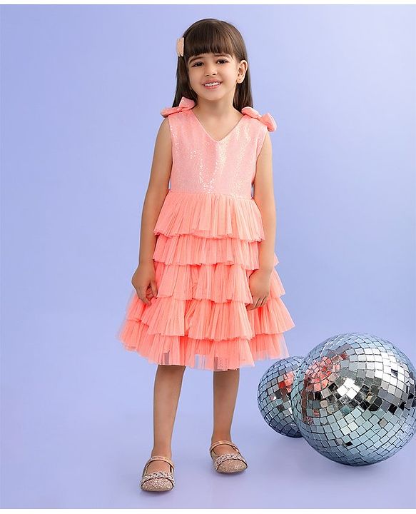 Babyhug Sleeveless Sequinned Tiered Party Frock with Bow Applique - Peach