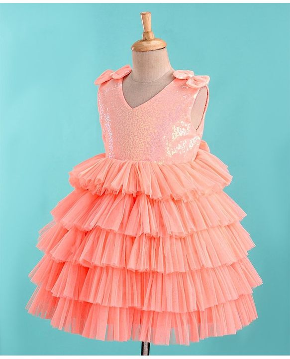 Babyhug Sleeveless Sequinned Tiered Party Frock with Bow Applique - Peach