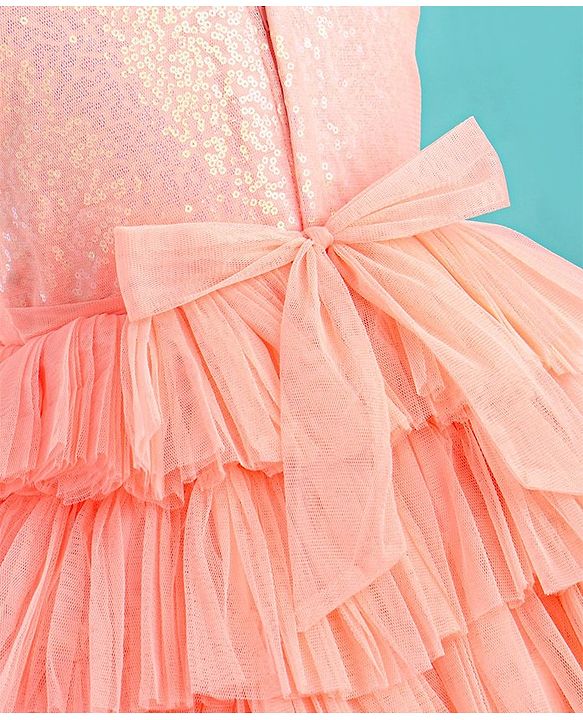 Babyhug Sleeveless Sequinned Tiered Party Frock with Bow Applique - Peach