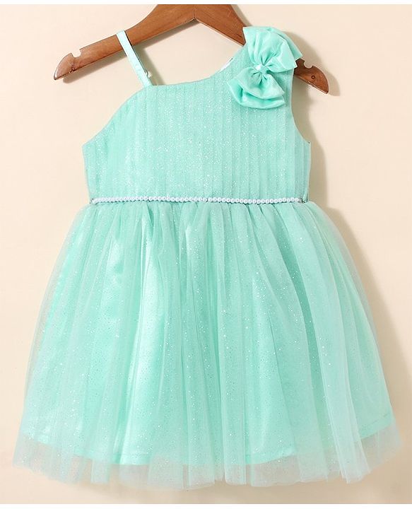 Babyhug Sleeveless Party Frock With Bow Applique & Glitter Detailing - Mint