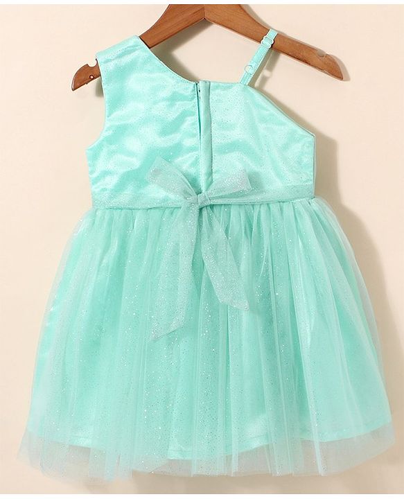Babyhug Sleeveless Party Frock With Bow Applique & Glitter Detailing - Mint