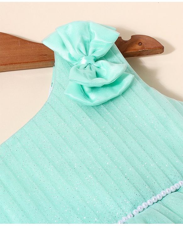 Babyhug Sleeveless Party Frock With Bow Applique & Glitter Detailing - Mint