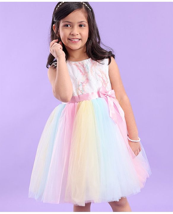 Babyhug Sleeveless Sequin Embroidered Yoke Party Frock With Bow Applique- Pink & Blue