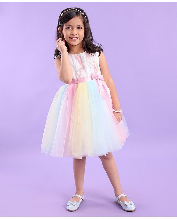 Babyhug Sleeveless Sequin Embroidered Yoke Party Frock With Bow Applique- Pink & Blue