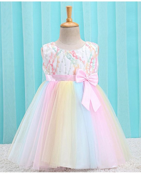 Babyhug Sleeveless Sequin Embroidered Yoke Party Frock With Bow Applique- Pink & Blue
