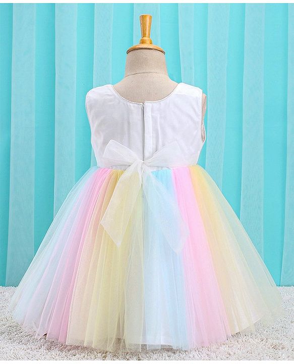 Babyhug Sleeveless Sequin Embroidered Yoke Party Frock With Bow Applique- Pink & Blue