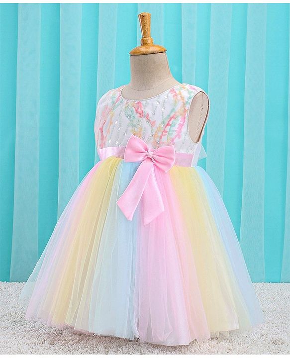 Babyhug Sleeveless Sequin Embroidered Yoke Party Frock With Bow Applique- Pink & Blue