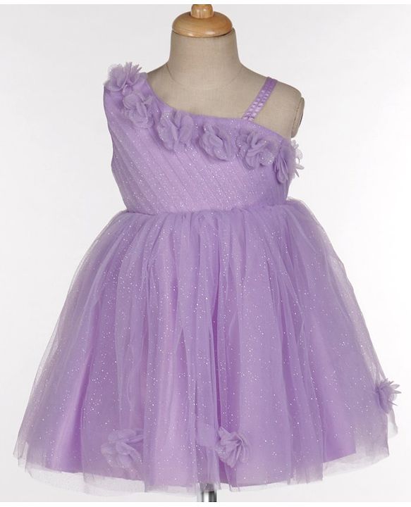 Babyhug Sleeveless One Shoulder Party Frock With Floral Corsage & Glitter Detailing - Lavender