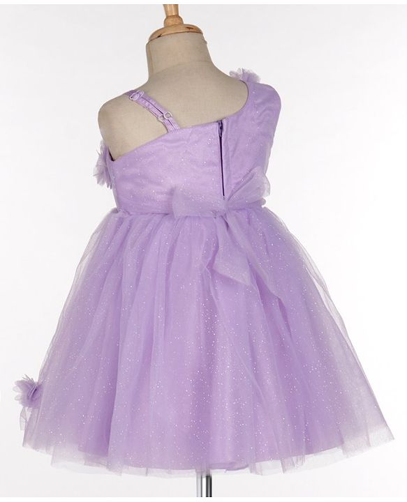 Babyhug Sleeveless One Shoulder Party Frock With Floral Corsage & Glitter Detailing - Lavender