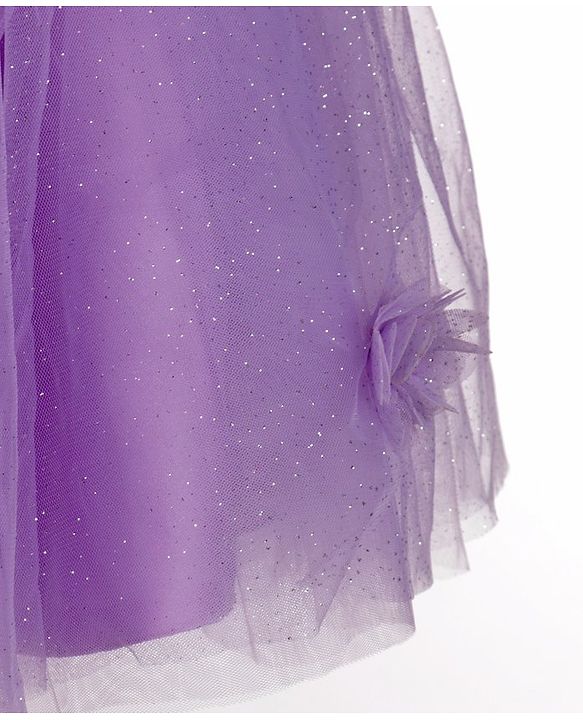Babyhug Sleeveless One Shoulder Party Frock With Floral Corsage & Glitter Detailing - Lavender