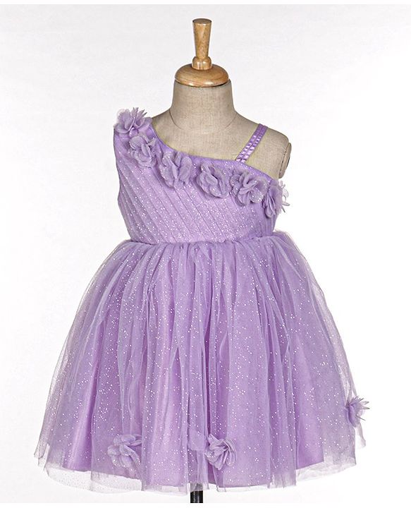 Babyhug Sleeveless One Shoulder Party Frock With Floral Corsage & Glitter Detailing - Lavender