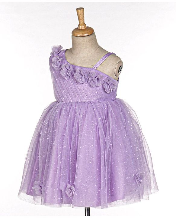 Babyhug Sleeveless One Shoulder Party Frock With Floral Corsage & Glitter Detailing - Lavender