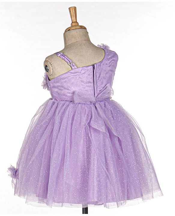 Babyhug Sleeveless One Shoulder Party Frock With Floral Corsage & Glitter Detailing - Lavender