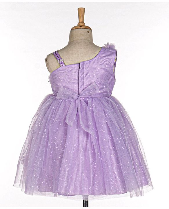 Babyhug Sleeveless One Shoulder Party Frock With Floral Corsage & Glitter Detailing - Lavender