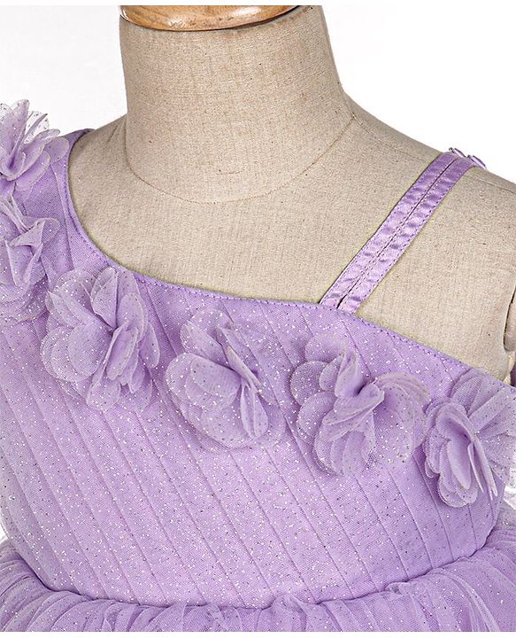 Babyhug Sleeveless One Shoulder Party Frock With Floral Corsage & Glitter Detailing - Lavender