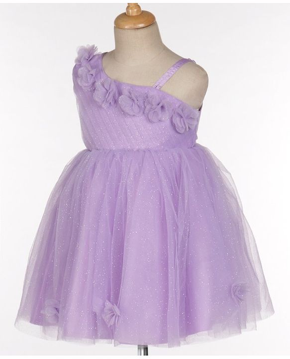 Babyhug Sleeveless One Shoulder Party Frock With Floral Corsage & Glitter Detailing - Lavender