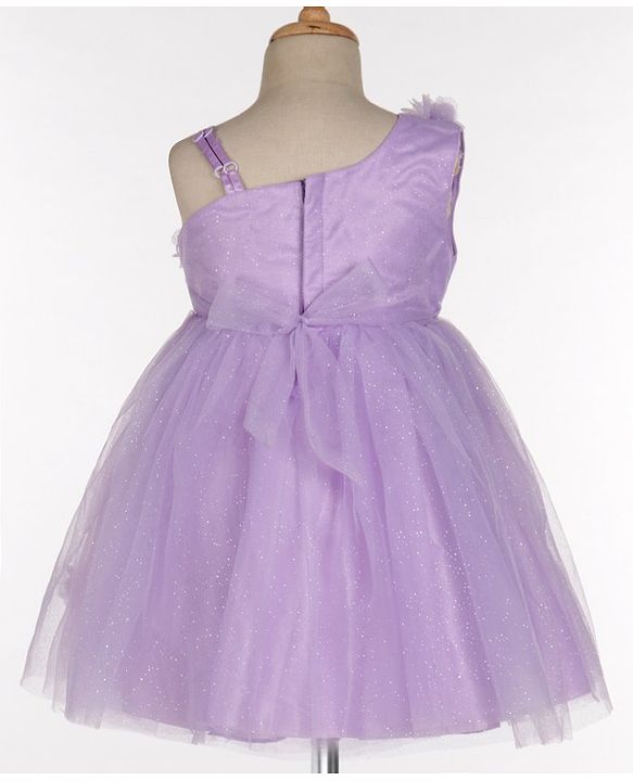 Babyhug Sleeveless One Shoulder Party Frock With Floral Corsage & Glitter Detailing - Lavender