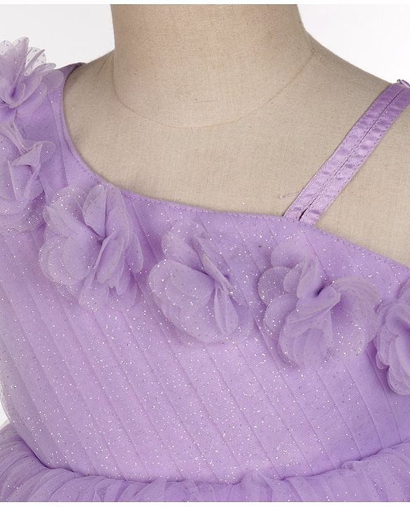 Babyhug Sleeveless One Shoulder Party Frock With Floral Corsage & Glitter Detailing - Lavender