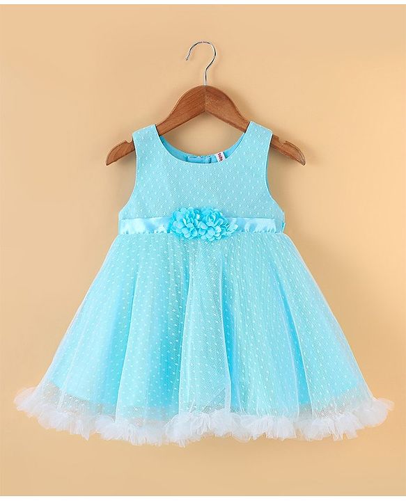 Babyhug Sleeveless  Swiss Dot Design Party Dress with Floral Corsage - Light Blue