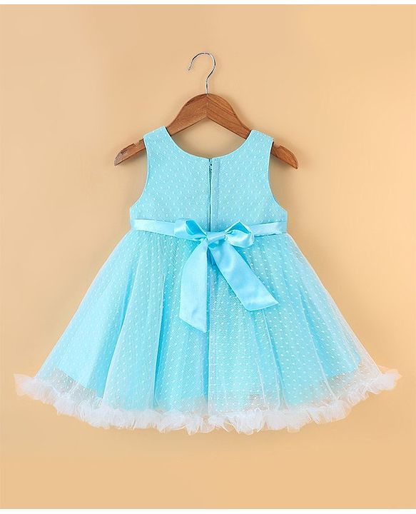Babyhug Sleeveless  Swiss Dot Design Party Dress with Floral Corsage - Light Blue