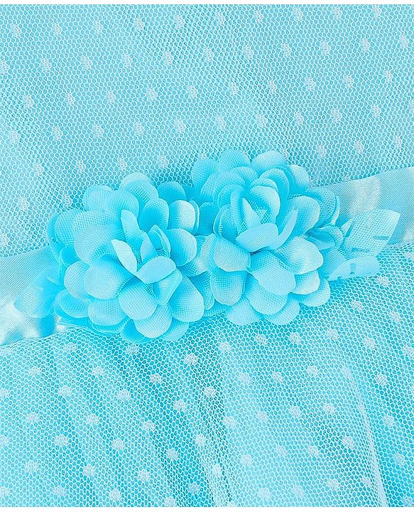Babyhug Sleeveless  Swiss Dot Design Party Dress with Floral Corsage - Light Blue