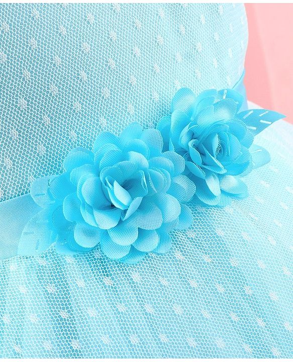 Babyhug Sleeveless  Swiss Dot Design Party Dress with Floral Corsage - Light Blue