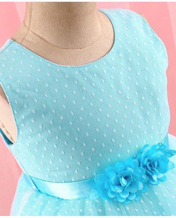 Babyhug Sleeveless  Swiss Dot Design Party Dress with Floral Corsage - Light Blue